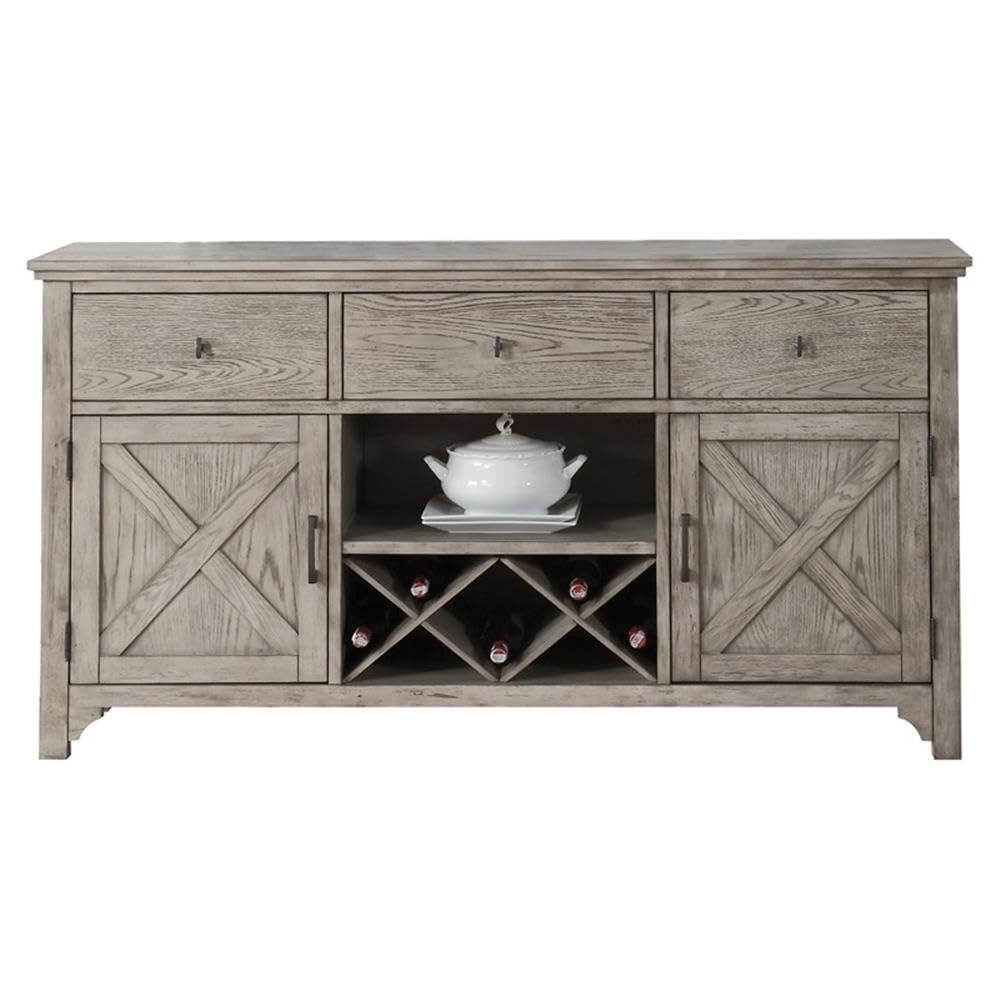 Acme Rocky 3-Drawer Wood Server with Wine Rack in Gray Oak