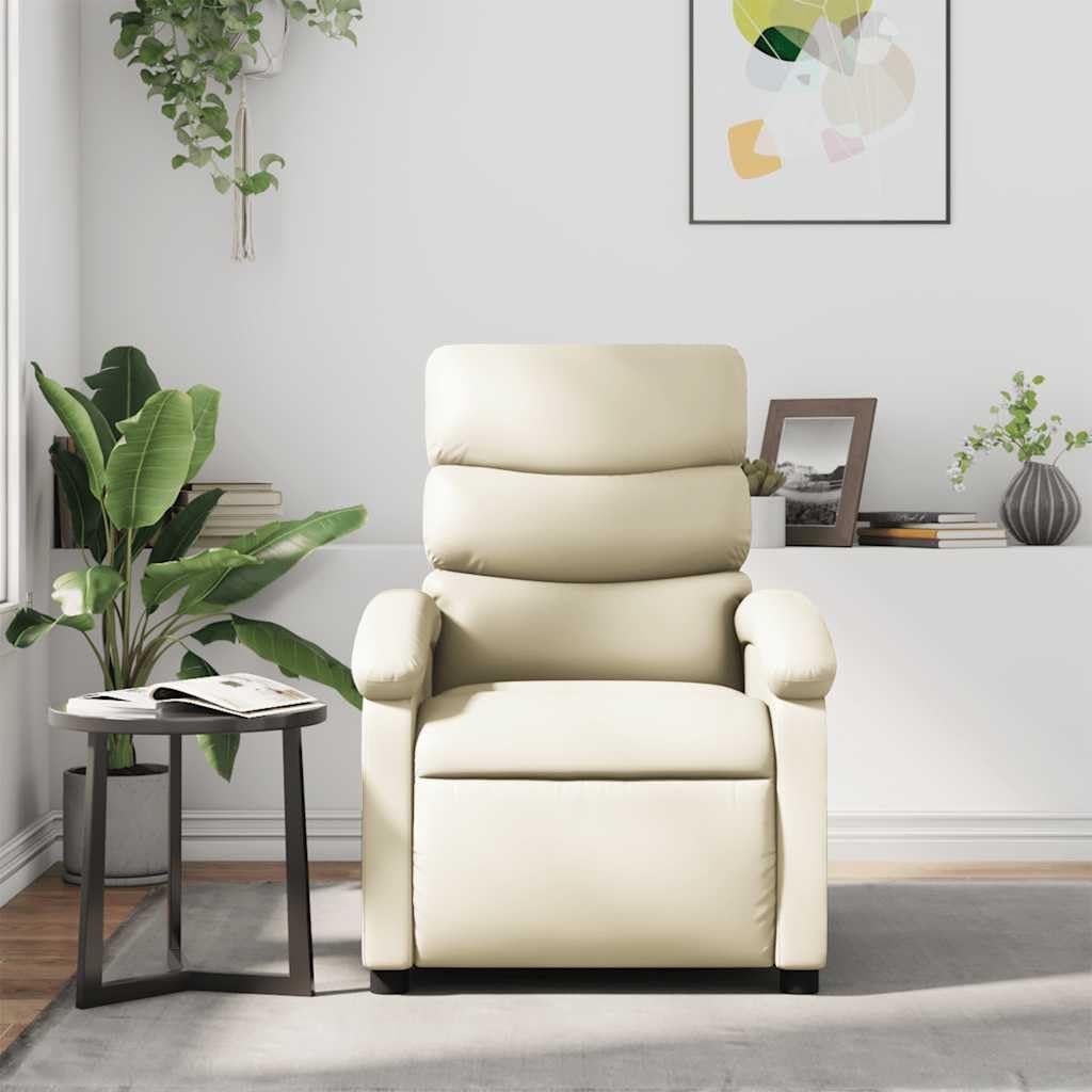vidaXL Massage Recliner Chair for Adults, Single Theater Seating with Vibration Massage & Manually Adjustable Backrest/Footrest, Modern Reclining Sofa for Living Room, Cream Leather