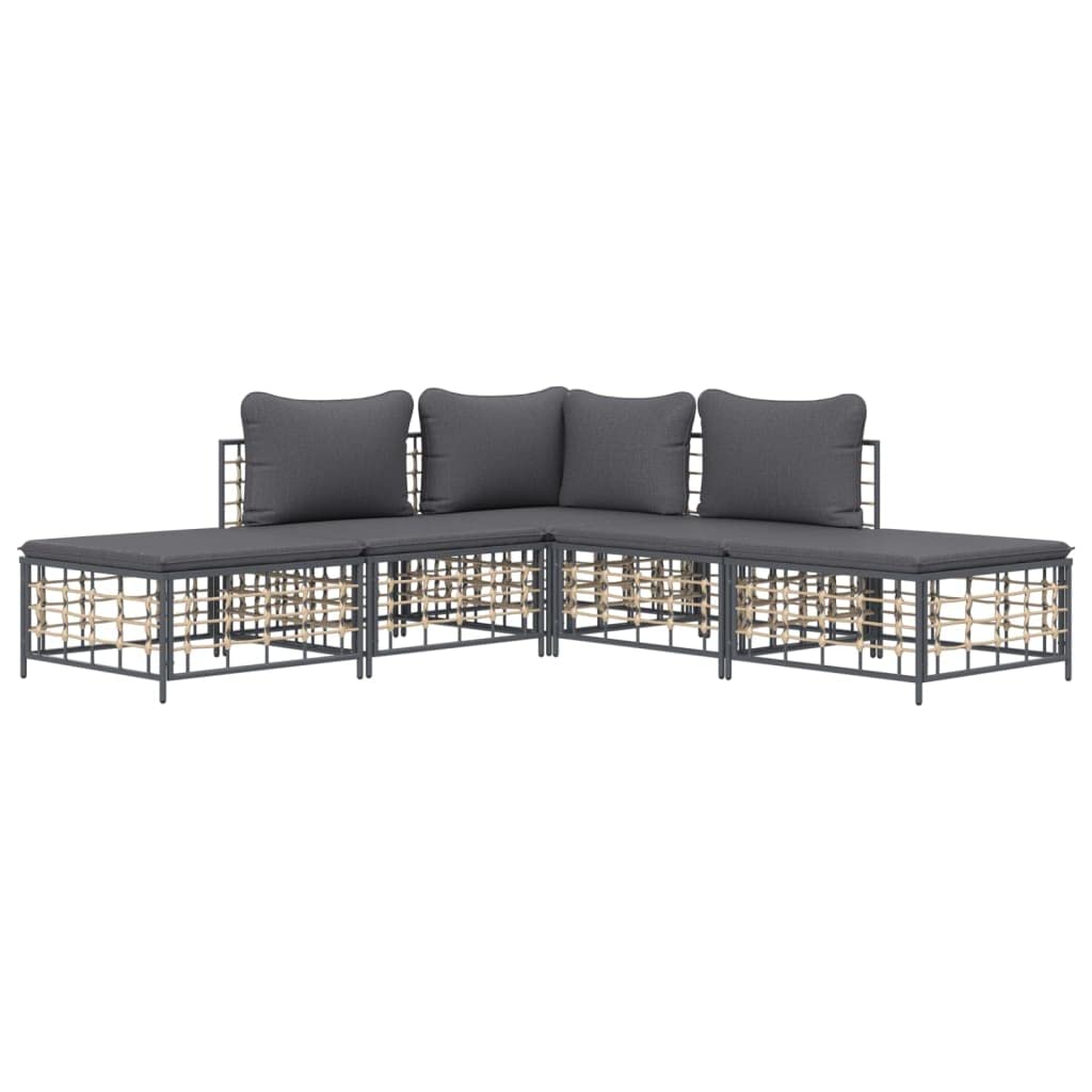 vidaXL 4-Piece Outdoor Patio Lounge Set in Anthracite - Modular Sofas with Thick Cushions, Durable Poly Rattan Frame for Garden/Terrace