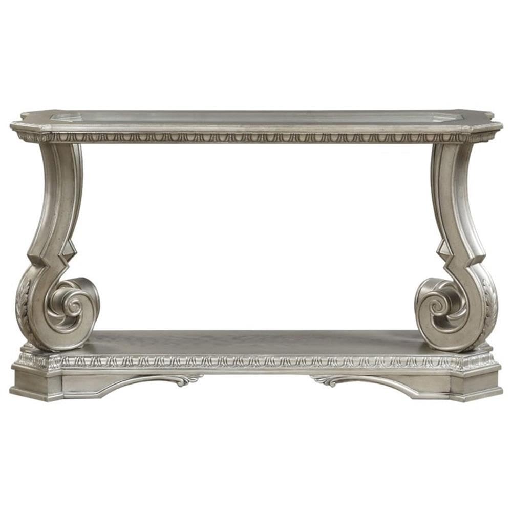 Acme Northville Rectangular Glass Top Wooden Sofa Table In Silver And Clear