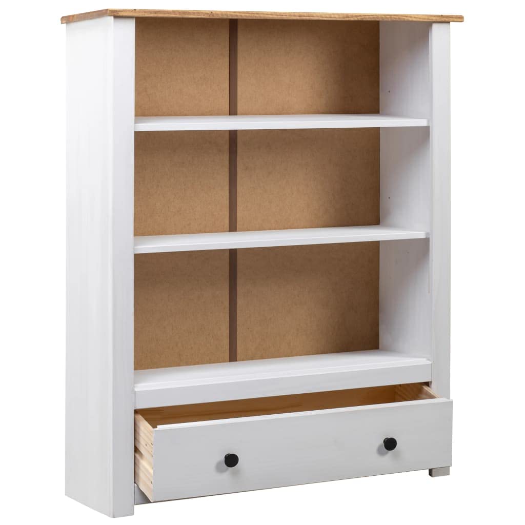 vidaXL Solid Pine Wood Bookcase with 3 Shelves and Spacious Drawer - Farmhouse Style, Rustic White Panama Range