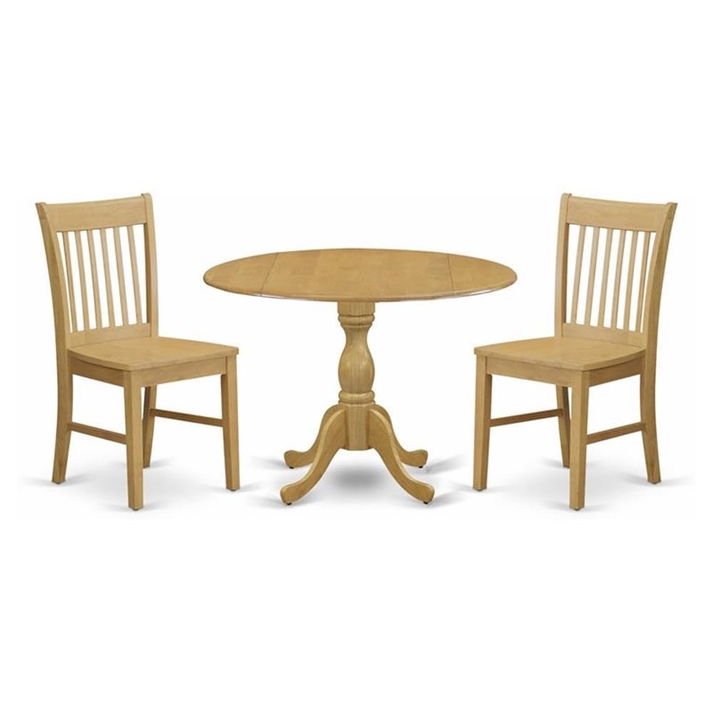 East West Furniture DMNF3-OAK-W 3 Piece Modern Dining Table Set Contains a Round Wooden Table with Dropleaf and 2 Kitchen Dining