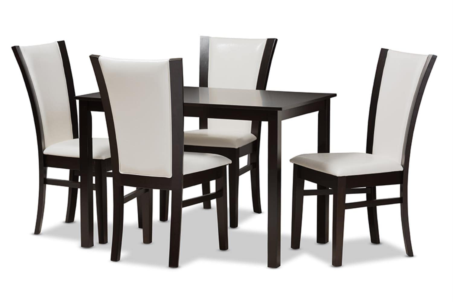 Baxton Studio Adley Modern and Contemporary 5-Piece Dark Brown Finished White Faux Leather Dining Set White//Medium Wood/Contemporary/Table/Faux Leather/Solid Rubber Wood/Foam