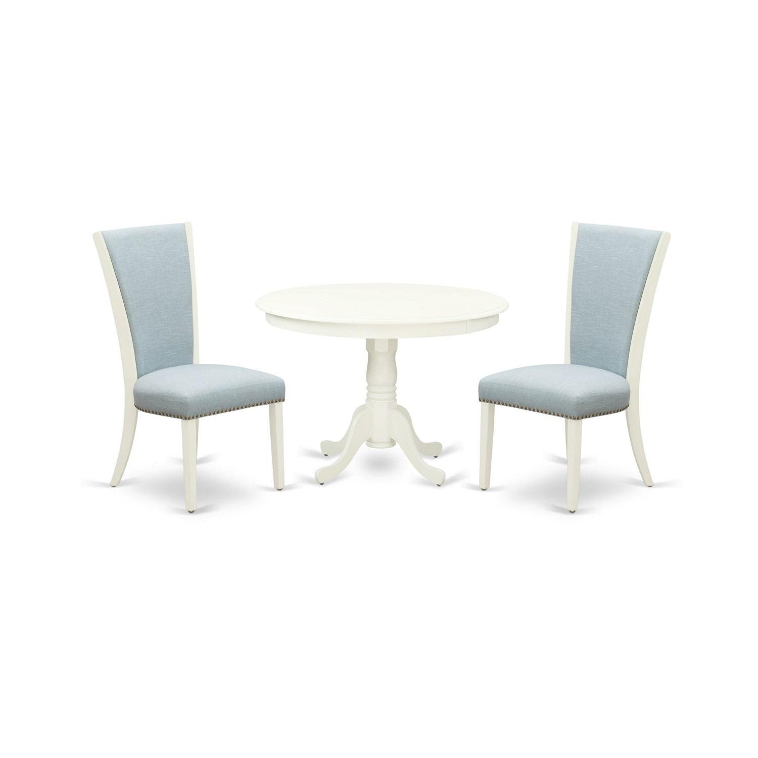 East West Furniture Hlve3-Lwh-15 3 Piece Kitchen Table & Chairs Set Contains A Round Dining Room Table With Pedestal And 2 Baby Blue Linen Fabric Parson Chairs, 42X42 Inch, Linen White