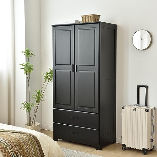 Pine Wood Closet with Raised Doors and Two Drawers Black