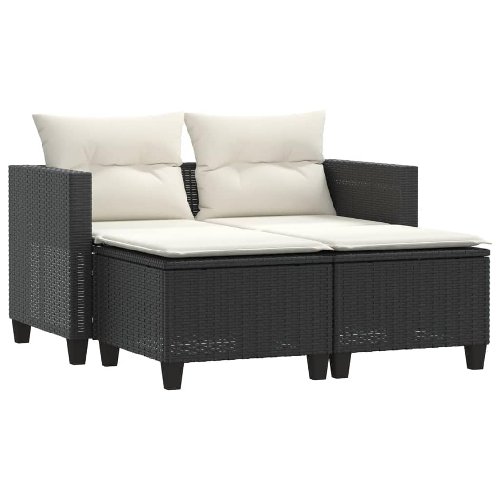 vidaXL Black Poly Rattan Patio Sofa 2-Seater with Stools - Powder-Coated Steel Outdoor Furniture - Cushions with Washable Covers