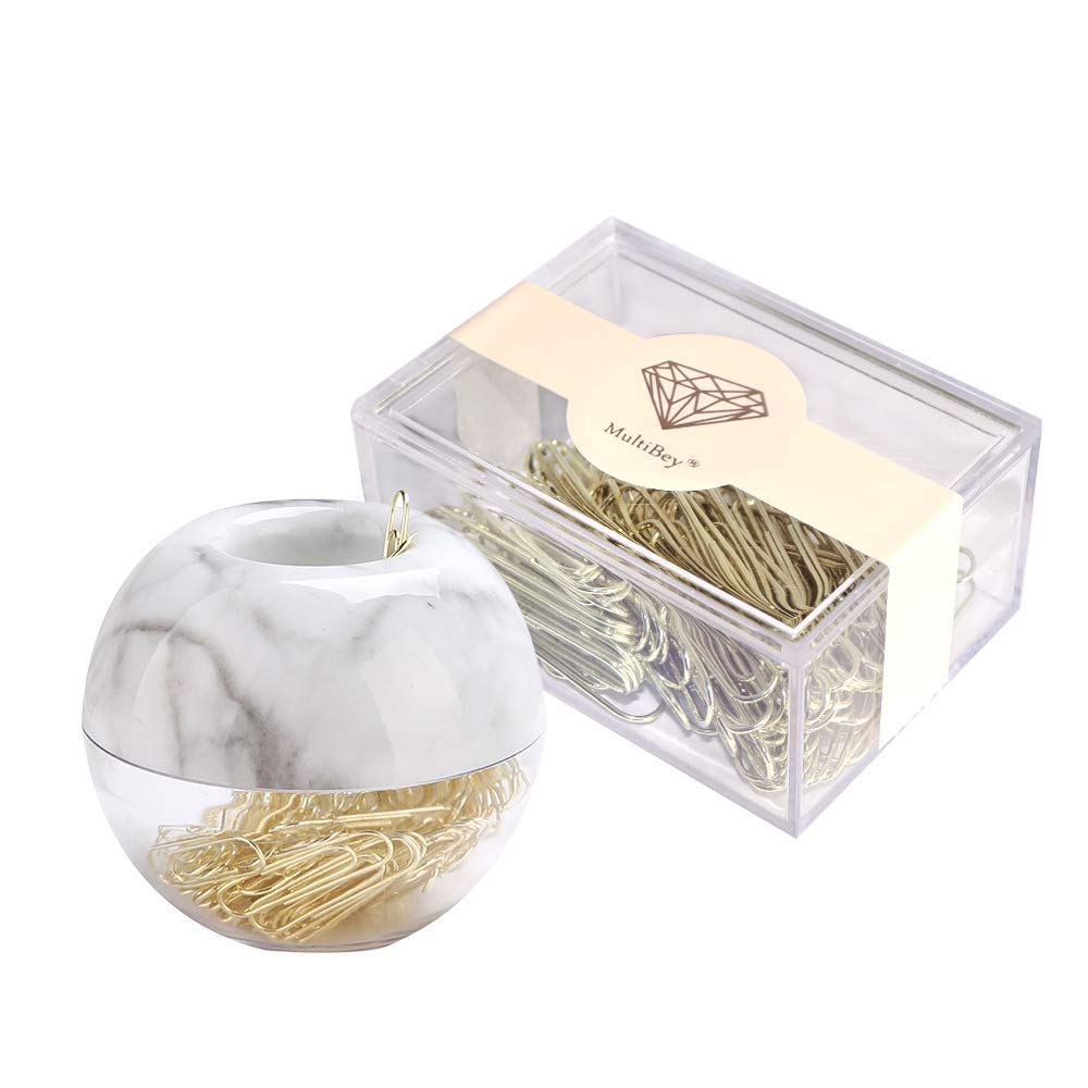 100Pcs 1.1' Gold Paper Clips In Marble Magnetic Holder Dispenser, 70Pcs 2' Jumbo Paper Clips Bookmarks In Clear Holder Office