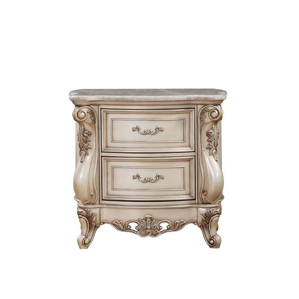 Acme Gorsedd 2-Drawer Wooden Nightstand with Marble Top in Golden Ivory