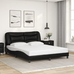 vidaXL Queen Bed Frame with Headboard - Black Faux Leather, Plywood Slats Support, Modern Wave Design, Bedroom Furniture, Metal & Pine Wood Structure