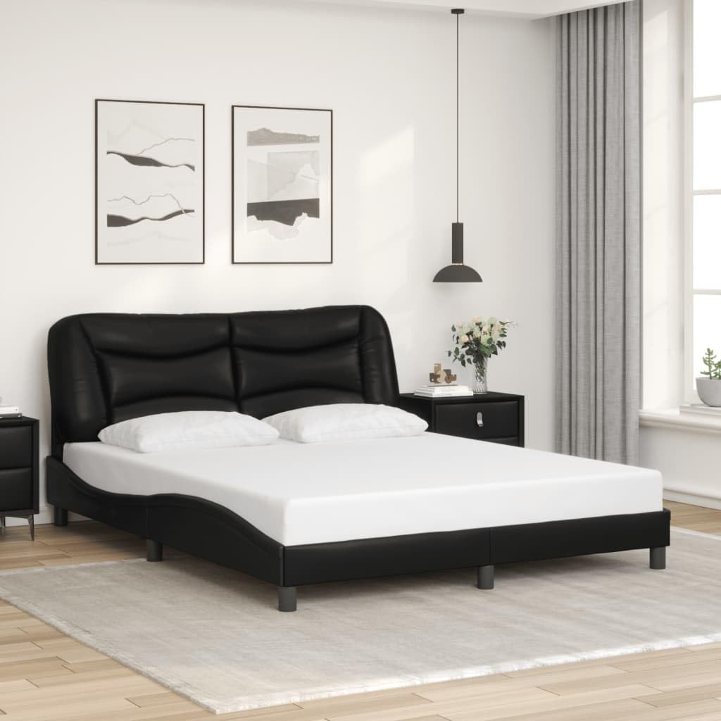 vidaXL Queen Bed Frame with Headboard - Black Faux Leather, Plywood Slats Support, Modern Wave Design, Bedroom Furniture, Metal & Pine Wood Structure