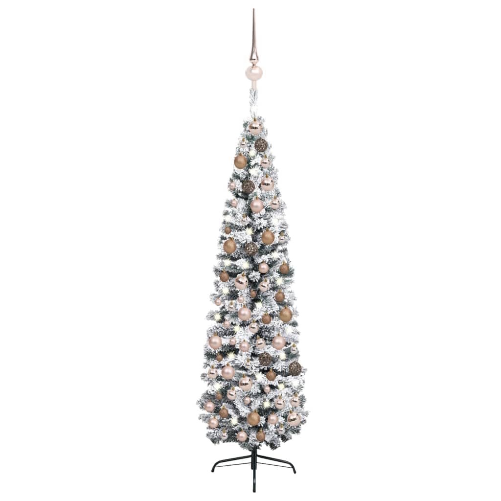 Vidaxl Slim Artificial Christmas Tree - 82.7&quot; Green Pre-Lit Xmas Tree With 150 Leds & Rose Gold Ball Decorations - Flocked White Snow, Steel Stand, Reusable