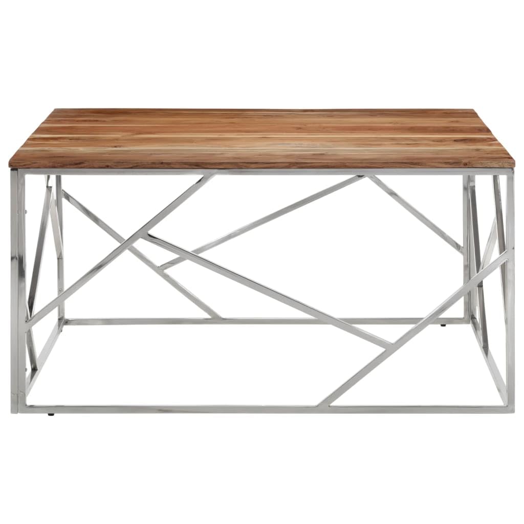 vidaXL Acacia Wood & Stainless Steel Coffee Table - Silver Frame, 39.4x39.4x19.7, Square, Modern Living Room Centerpiece, Solid Wood Top, Easy Clean