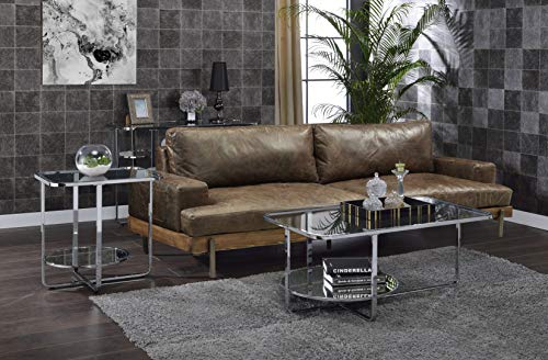 Acme Hollo Rectangular Glass Top Sofa Table with Shelf in Chrome and Mirrored