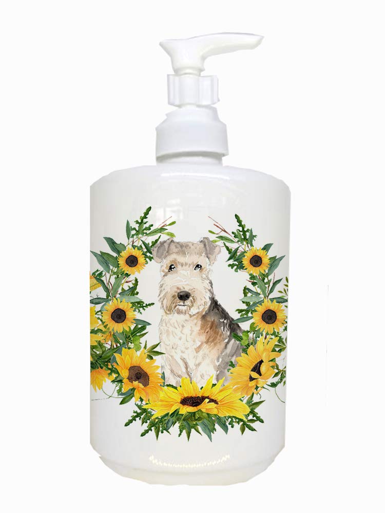 Caroline's Treasures CK2972SOAP Labradoodle in Sunflowers Ceramic Soap Dispenser Hand Soap Dispenser Pump Bottles for Bathroom K