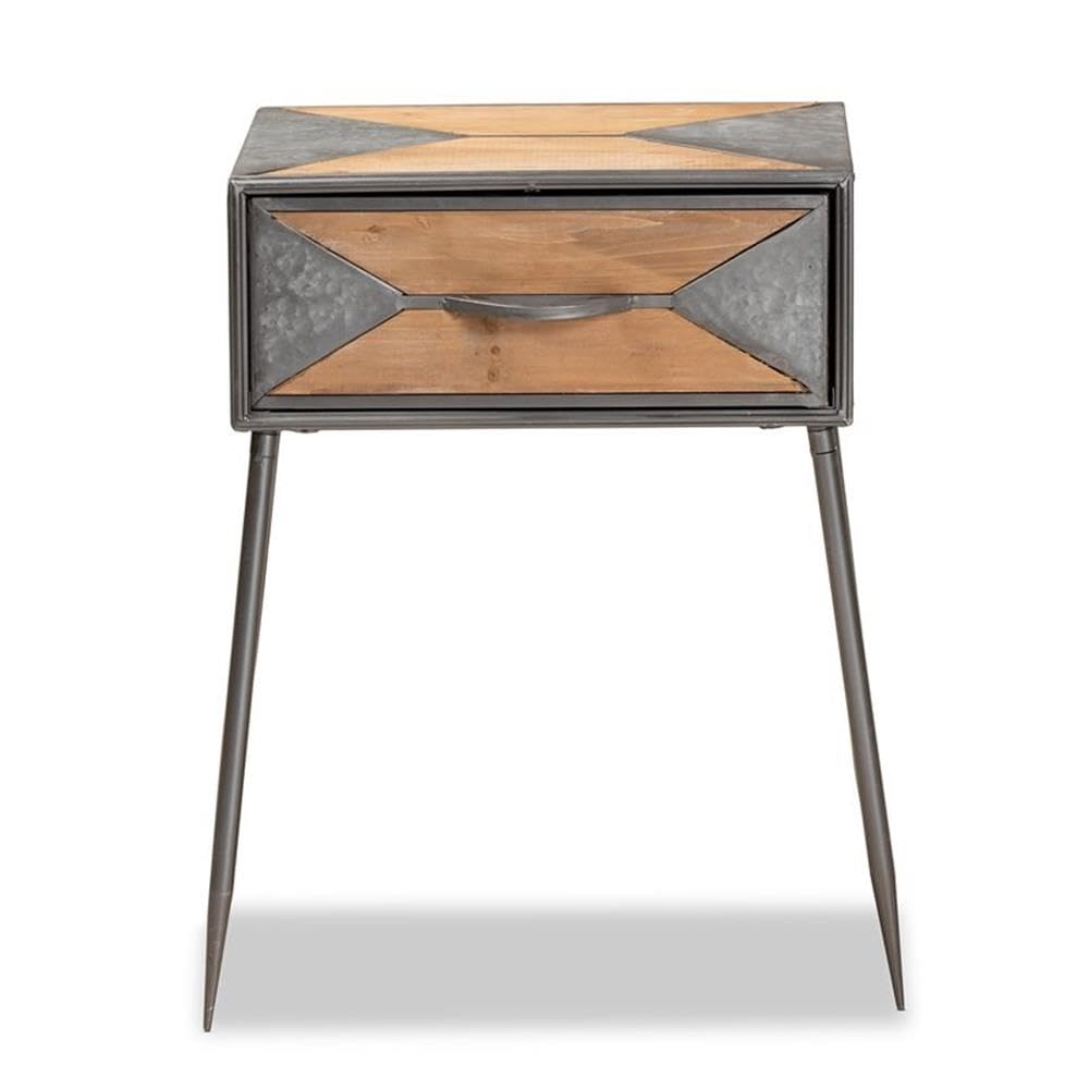Baxton Studio Laurel Rustic Industrial Antique Grey Finished Metal and Whitewashed Oak Brown Finished Wood 1-Drawer Nightstand