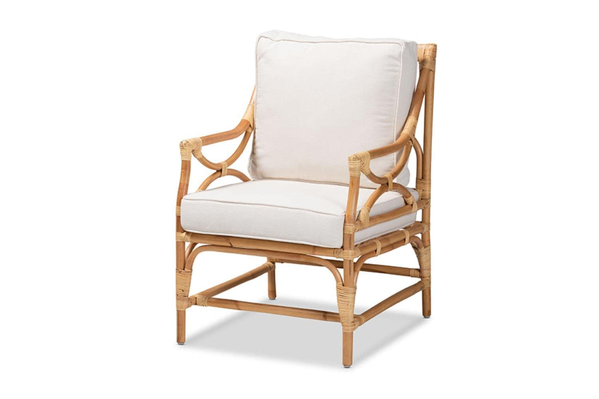 Baxton Studio Brandon Modern Bohemian White Fabric Upholstered and Natural Brown Rattan Armchair