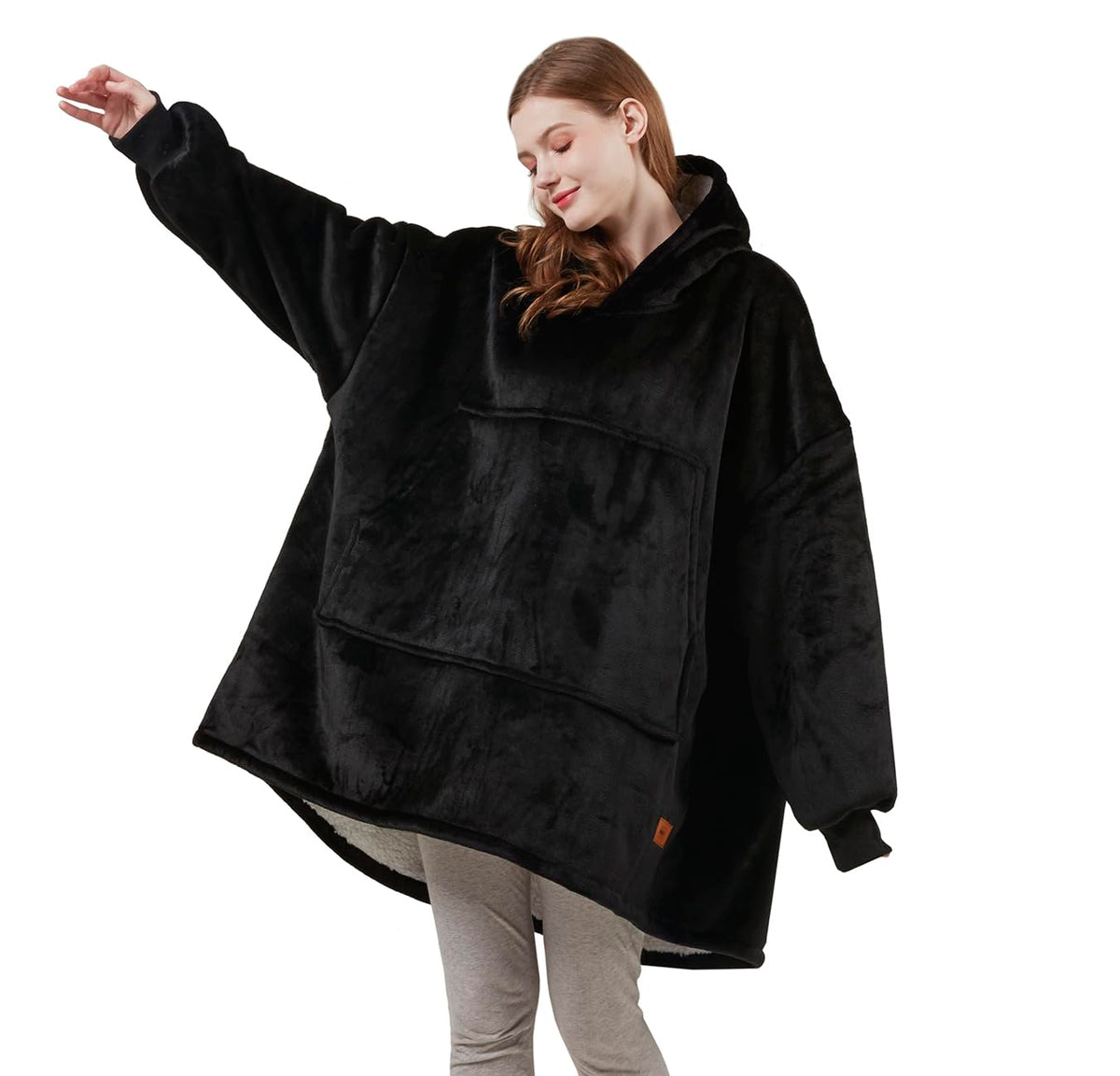 Degrees Of Comfort Wearable Blanket Hoodie For Women Adults, Cozy Oversized And Warm Sherpa Lined Sweatshirt Blankets, Black, 38