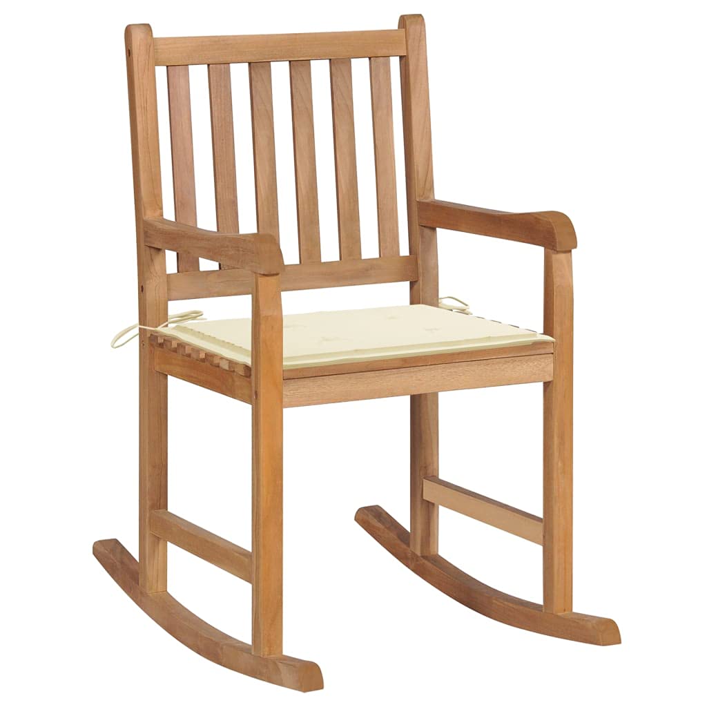 vidaXL Solid Teak Wood Rocking Chair with Cream Cushion - Weather-Resistant Indoor and Outdoor Relaxing Chair, Garden Furniture, Smooth Fine Sanded Finish, Easy-Assembly Rocker