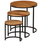 vidaXL Solid Acacia Wood Coffee Table Set with Sheesham Finish - Fully Assembled 3-Piece Nesting End Tables - Industrial Style Steel Frame Side Tables