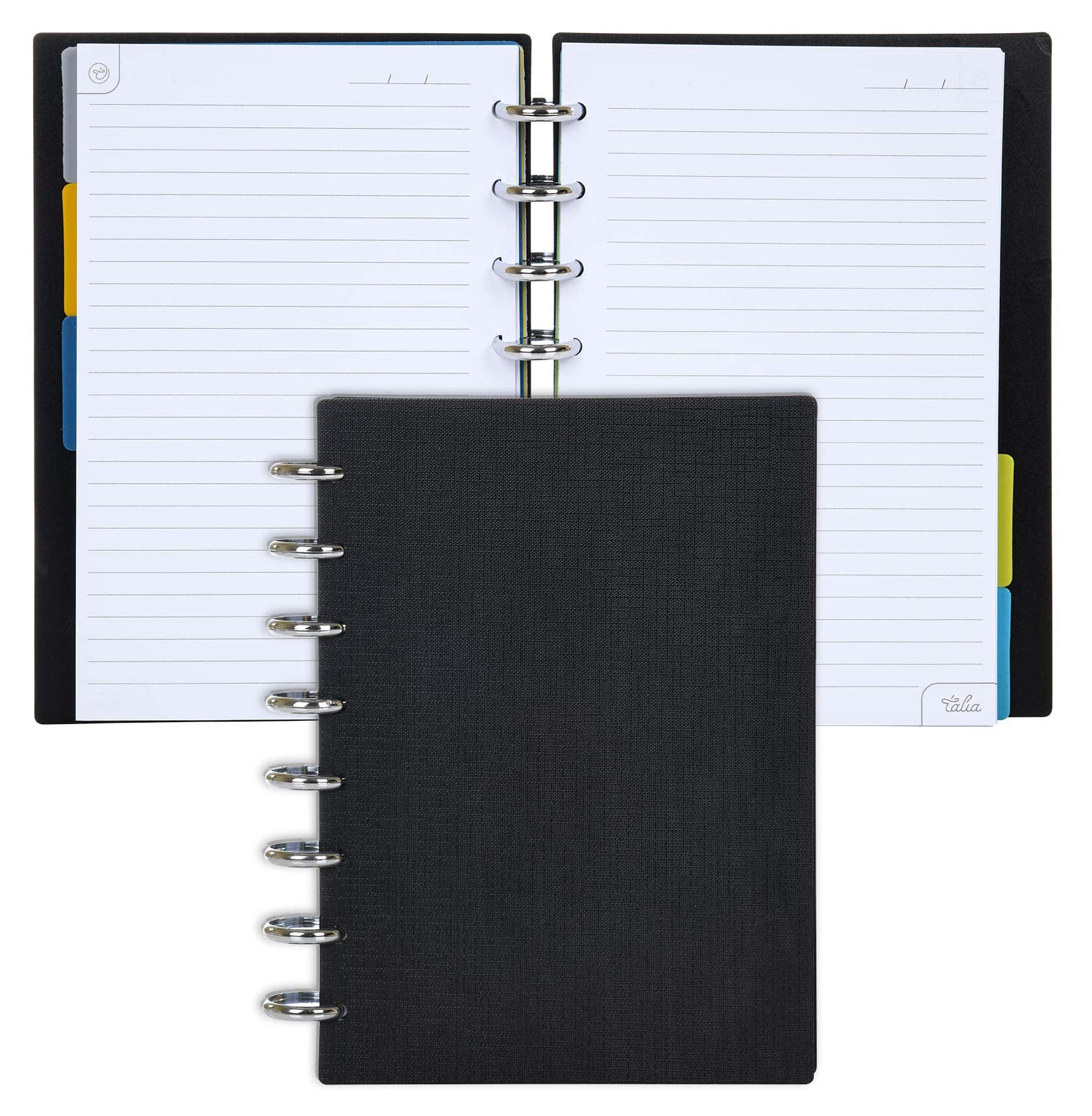 Talia Discbound Notebooks, Planner, Customizable, (Yblack W/Silver Discs, Midsize (7.5In X 9.75In))