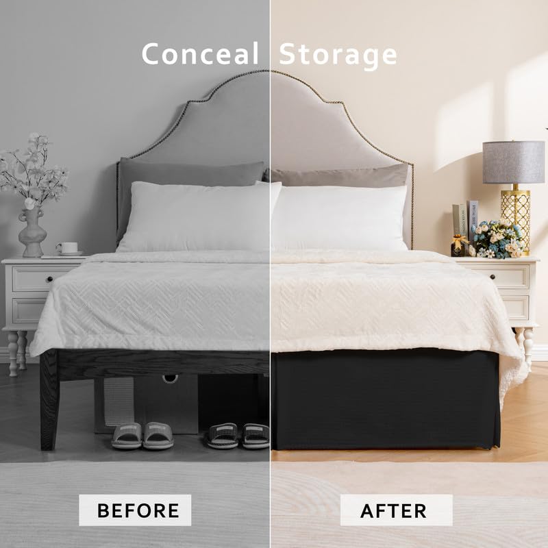 Miye Pleated Waffle Weave Bed Skirt, Tailored Dust Ruffle 14 Inch Drop Easy Fit, Machine Washable (Black, Full - 14'' Drop)