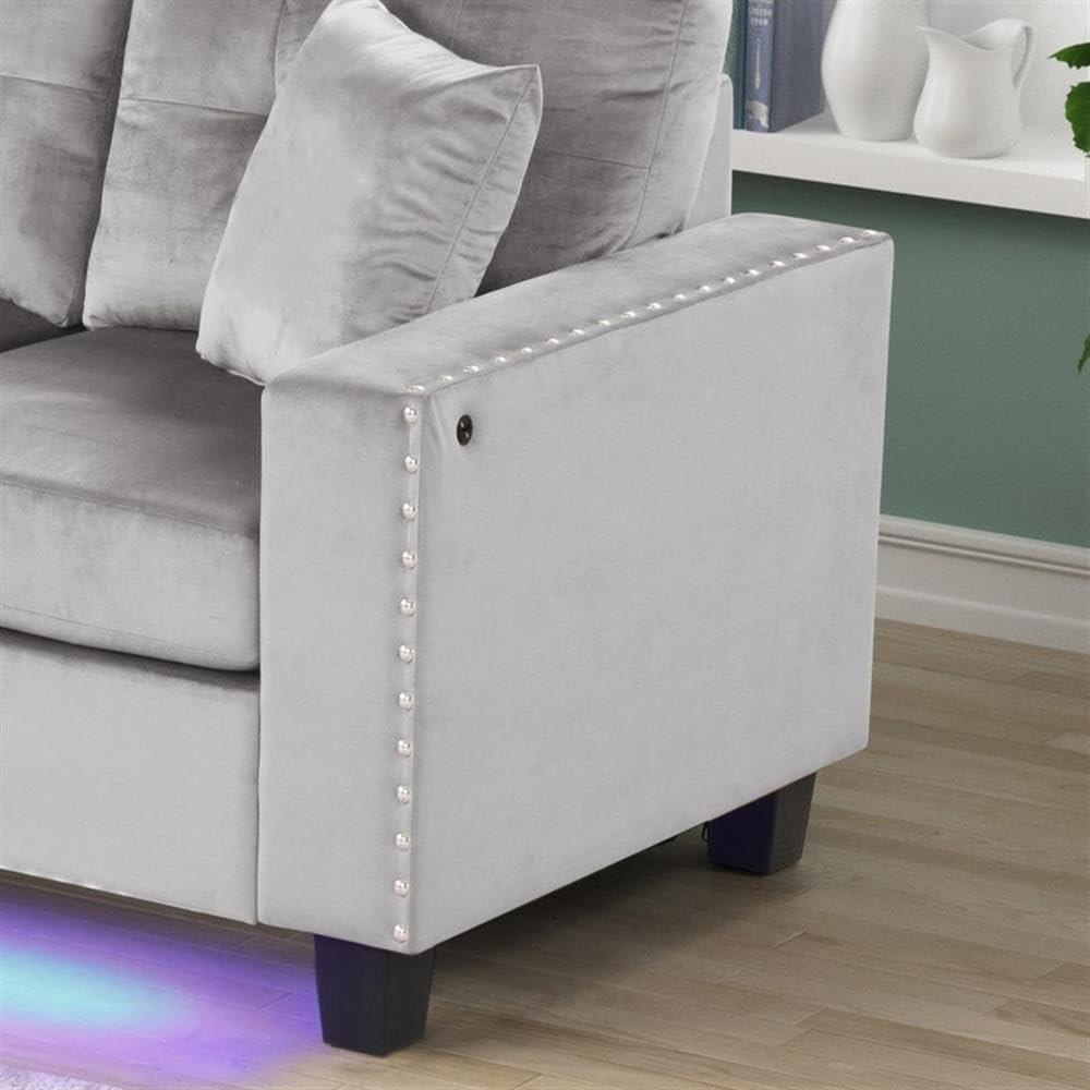 Sorenza 74' W Gray Velvet Reversible Sectional Sofa Chaise with LED Light, USB Port, Nailhead Trim, Throw Pillows, Tufted Cushion
