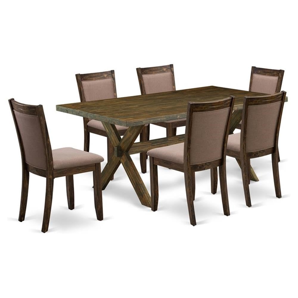 East West Furniture X777MZ748-7 7 Piece Dinette Set Consist of a Rectangle Dining Room Table with X-Legs and 6 Coffee Linen Fabric Parsons Dining Chairs, 40x72 Inch, Multi-Color