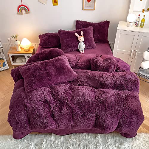 Chovy Faux Fur Plush Grape Purple Comforter Sets King - Ultra Soft Shaggy Flannel Velvet Fluffy Fuzzy 3Pc Bedding Set (Comforter