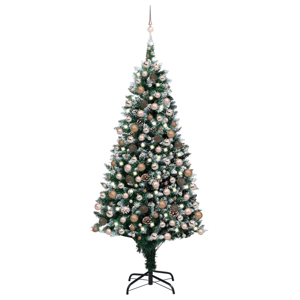 vidaXL Green and White Artificial Christmas Tree with LEDs, Ball Set, Pine Cones and Snow Tips, Indoor Decor, Economy Holiday Decor, Lifelike Design, 82.7&quot; in Height