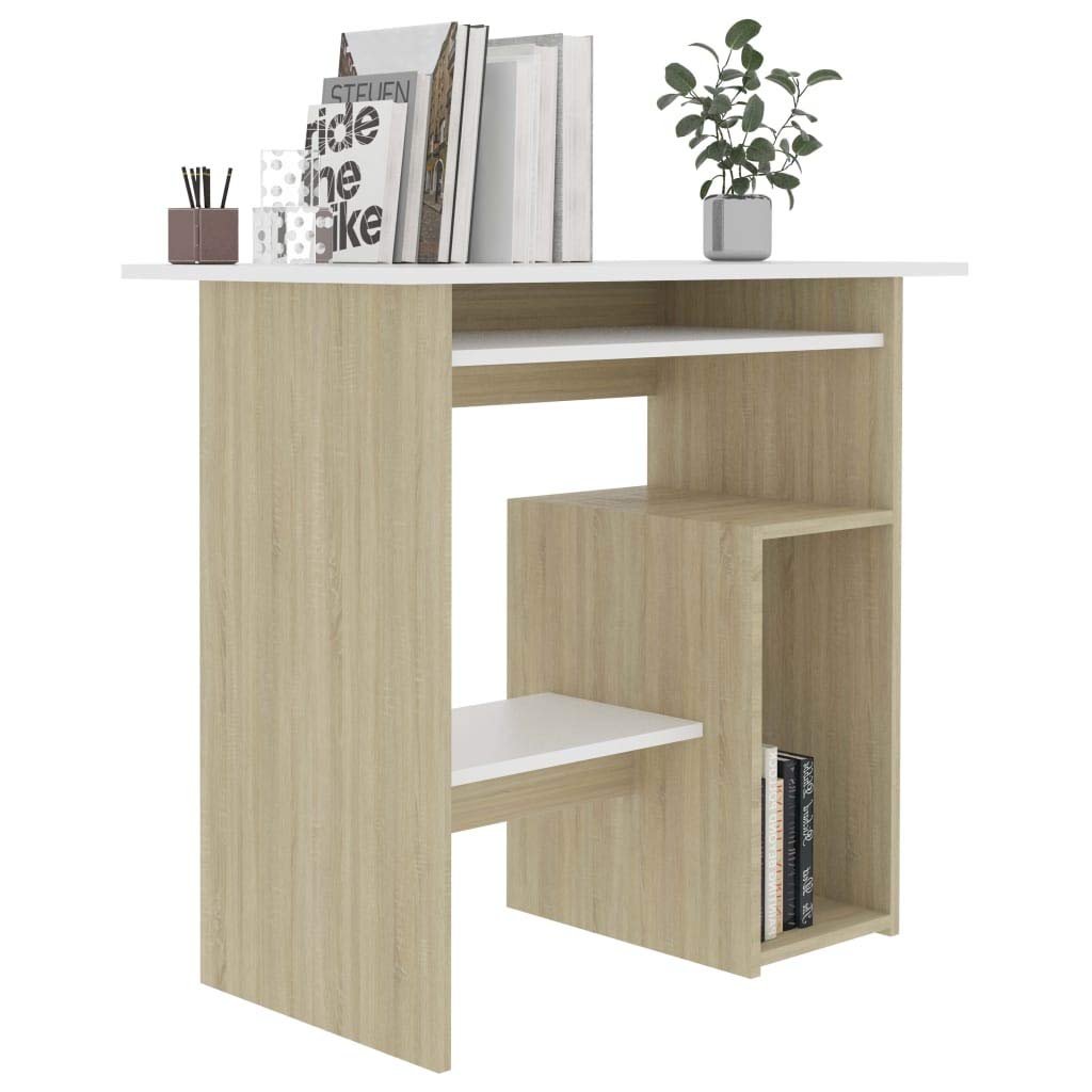 vidaXL- Modern Computer Desk, Compact Office/Study Desk with Keyboard Tray, PC Shelf, Easy-to-Clean, in White and Sonoma Oak, Made of Engineered Wood.