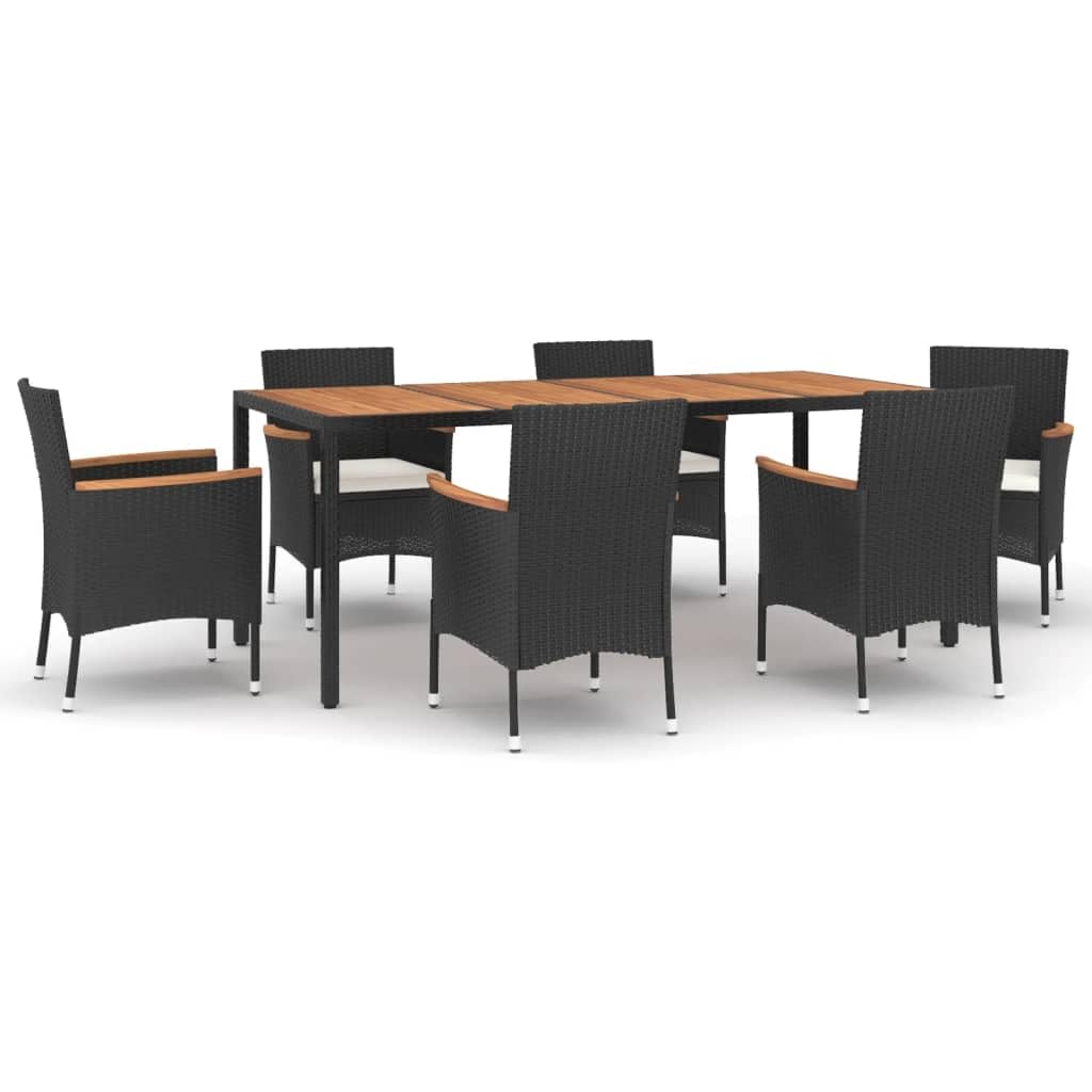 vidaXL 7 Piece Patio Dining Set - Black PE Rattan and Solid Acacia Wood Tabletop - includes Comfortable Cushions and Sturdy Steel Frame, 3187360