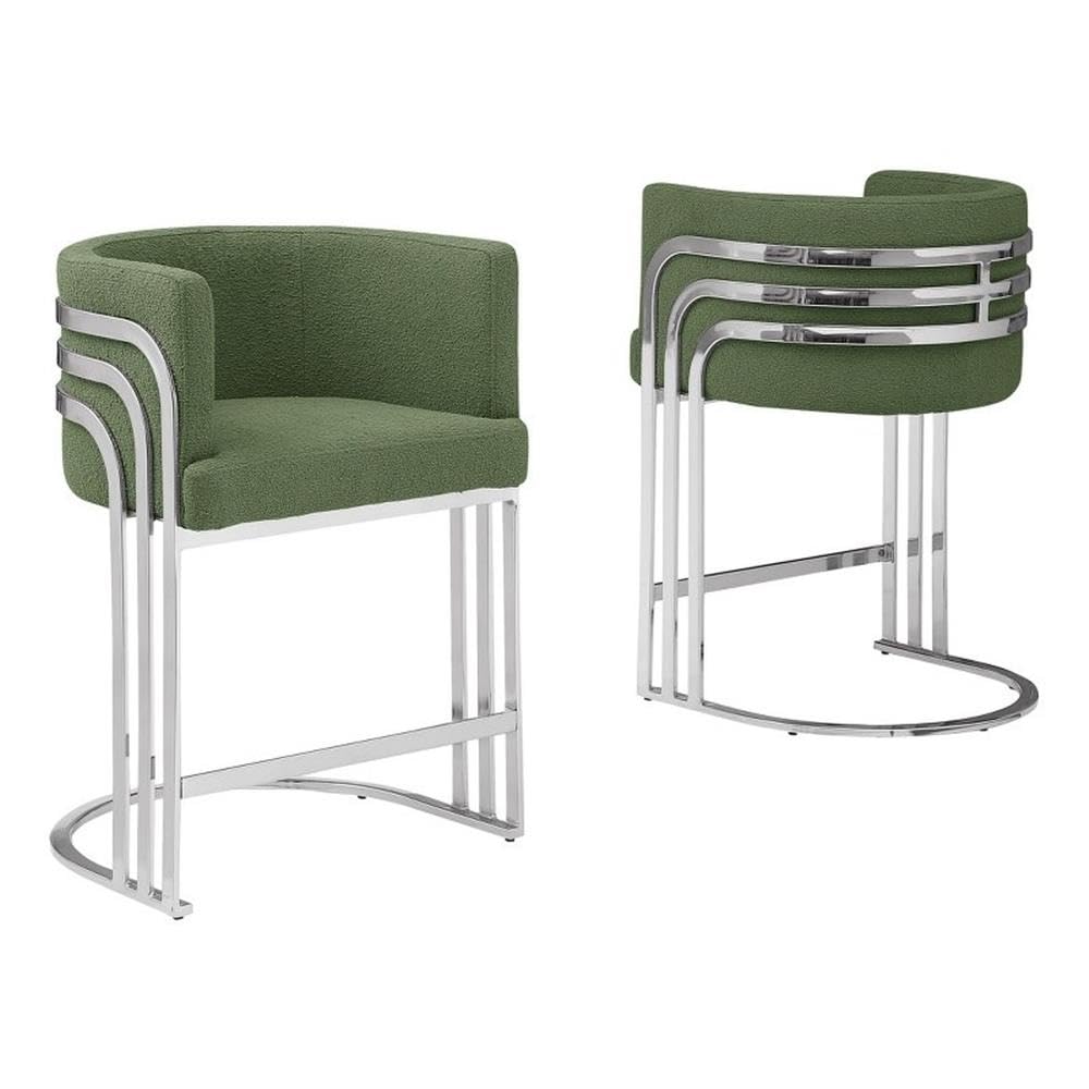 Best Quality Furniture Modern Teddy Fabric Counter Height Stools with Chrome Legs - Green - Elegant Barrel Design with Silver Frame - Set of 2 - Perfect for Dining Room, Bar, Office, or Living Room