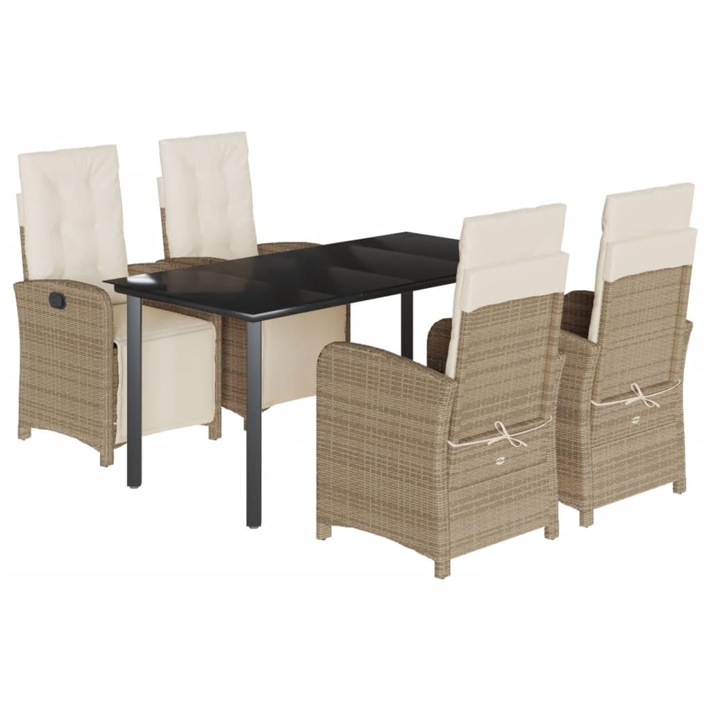 vidaXL 5-Piece Patio Dining Set - Beige Poly Rattan with Adjustable Reclining Chairs, Cushions & Glass Tabletop for Garden, Backyard, Balcony, or Patio