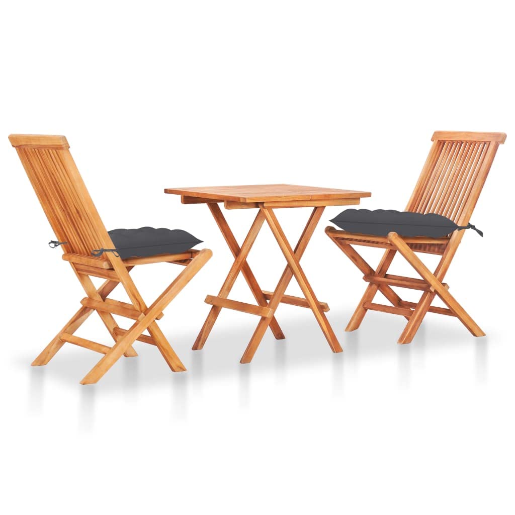 vidaXL 3 Piece Solid Teak Wood Bistro Set with Anthracite Cushions - Foldable Patio Dining Furniture Set - Weather Resistant and Durable - Easy Maintenance