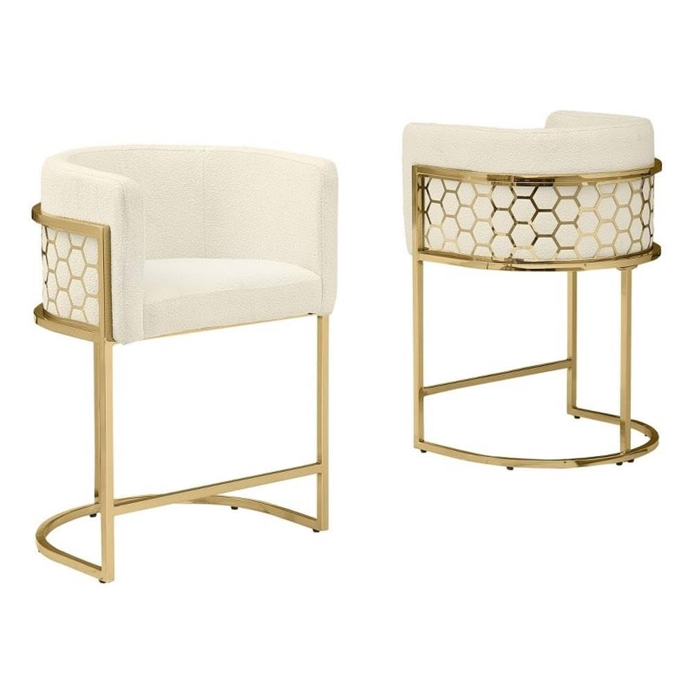 Best Quality Furniture Modern Barrel Counter Height Stools with Honeycomb Pattern, Teddy Fabric Upholstery - Cream, Gold Chrome Finish