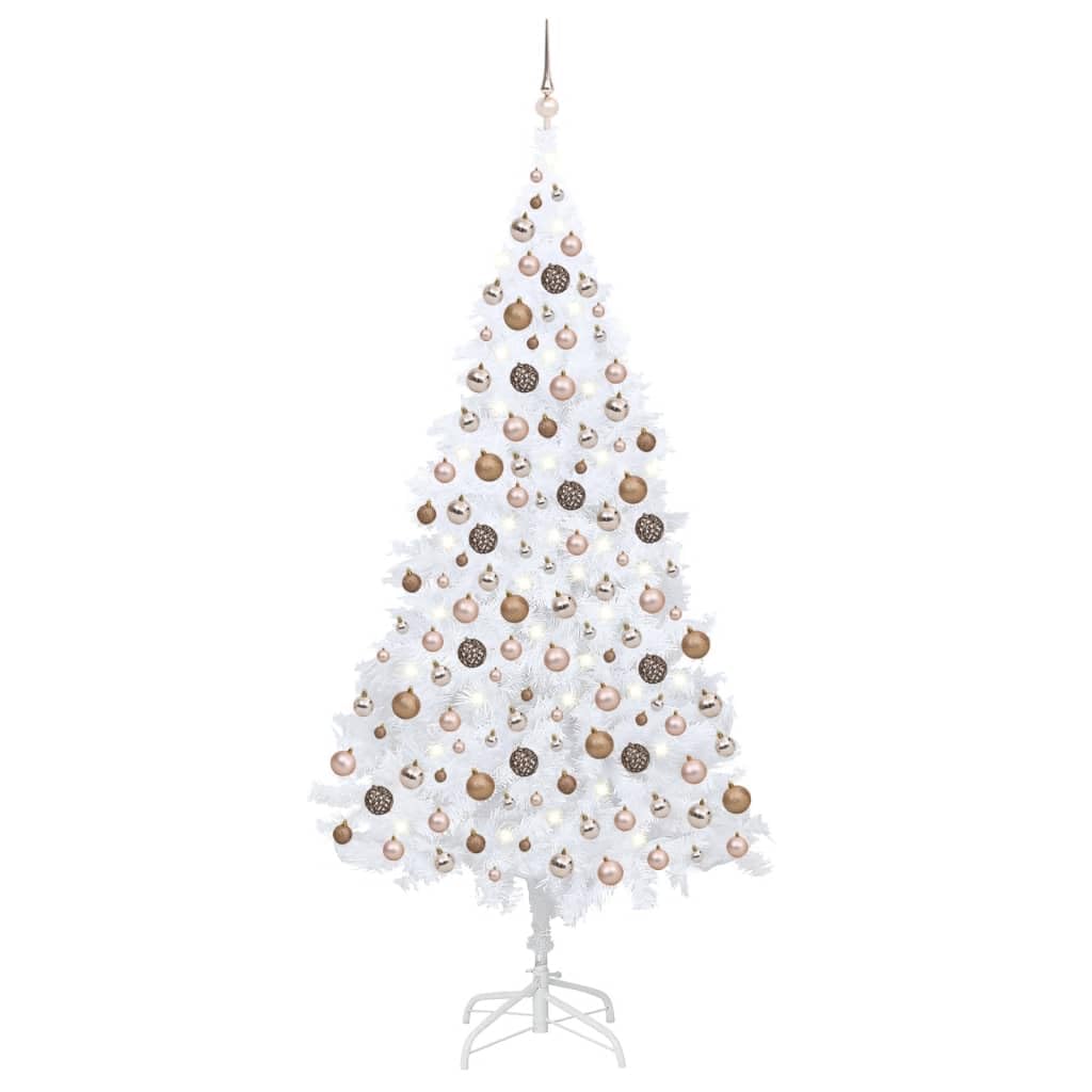 vidaXL Artificial Pre-lit Christmas Tree - White PVC - 82.7” Height, 43.3” Diameter, Ball Ornaments, LED Lights, Metal Stand