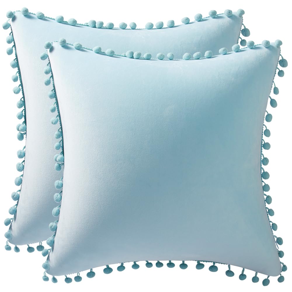 Dezene Throw Pillow Cases 16X16 Light-Blue: 2 Pack Cozy Soft Pom-Poms Velvet Square Decorative Pillow Covers For Farmhouse Home