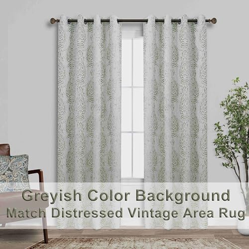 Mrs.Naturall Sage Green Curtains 90 Inch Length For Living Room 2 Panel Set Grommet Damask Medallion Pattern Room Darkening Window Curtain Drapes For Bedroom, 52X90 Inches Long