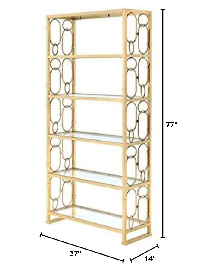 Acme Julos Metal Etagere Bookcase with 6 Glass Shelves in Clear Glass and Gold