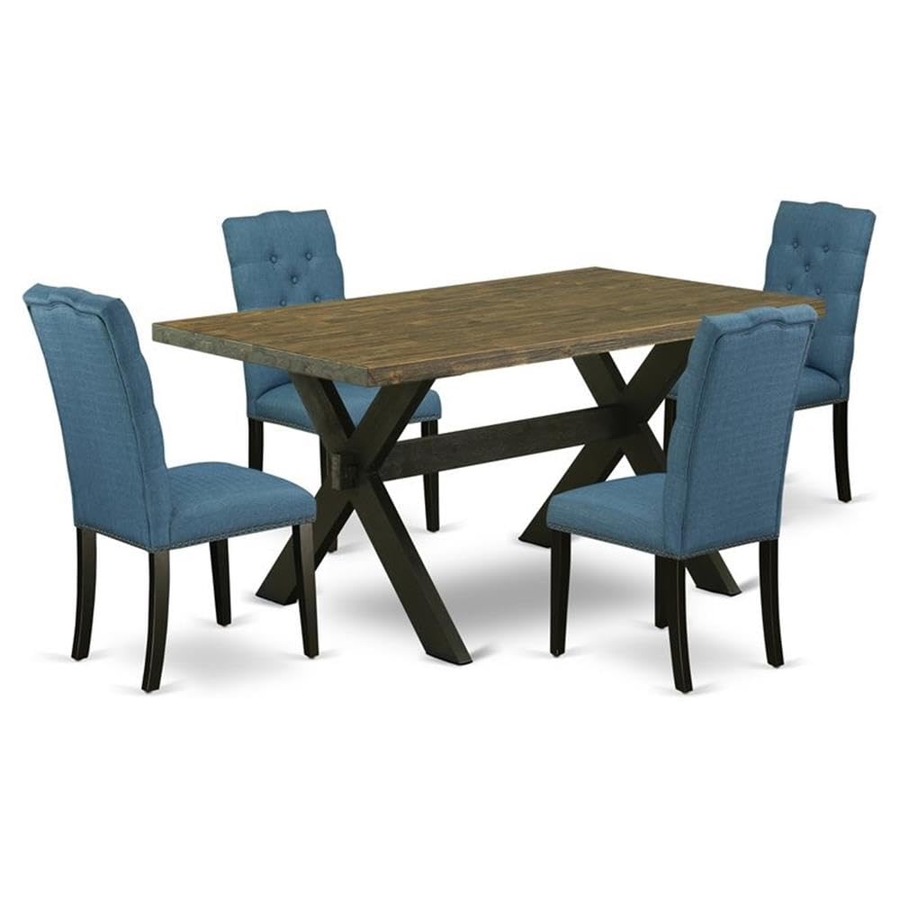 East West Furniture X676El121-5 5 Piece Dining Room Furniture Set Includes A Rectangle Dining Table With X-Legs And 4 Blue Linen Fabric Parsons Chairs, 36X60 Inch, Multi-Color