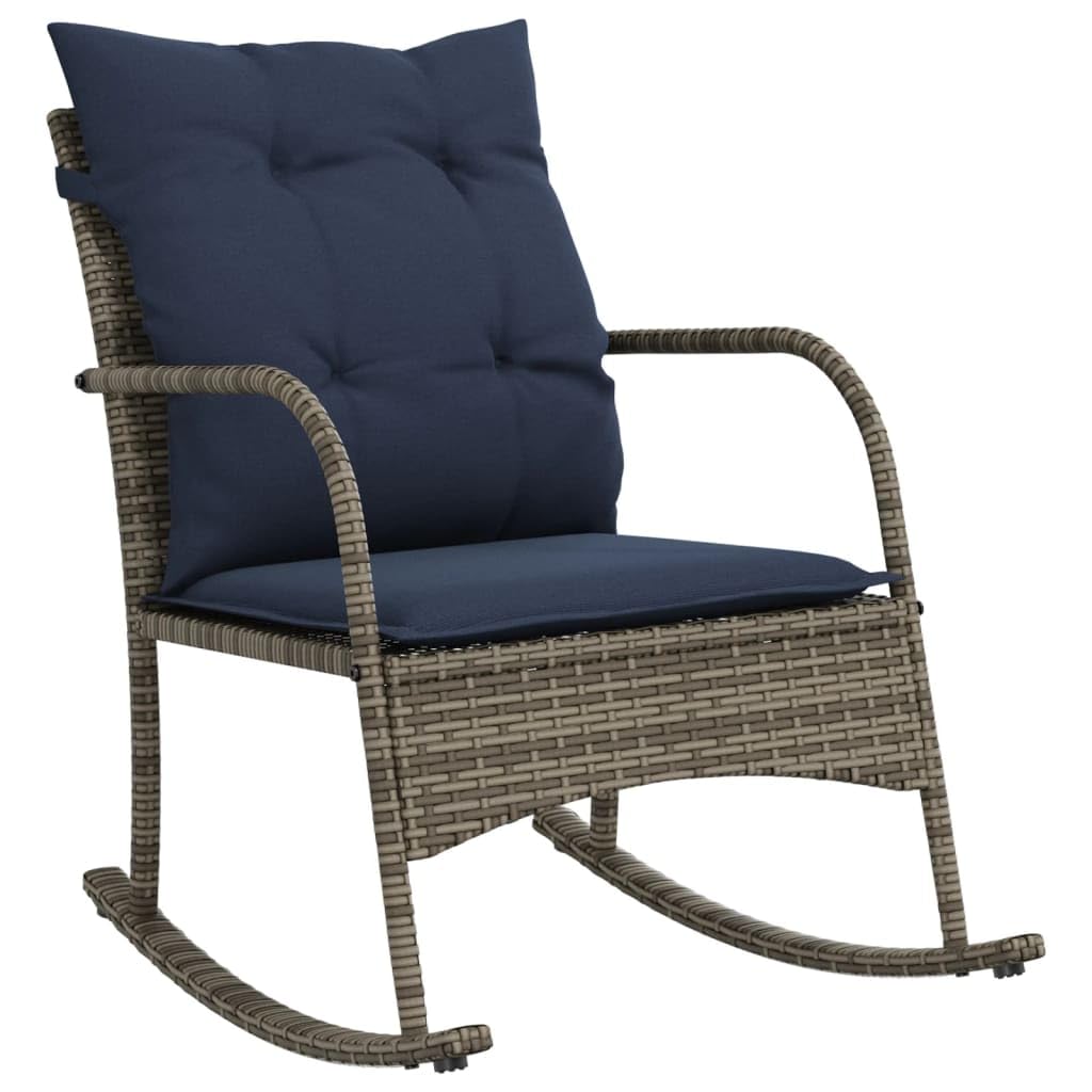 vidaXL Patio Rocking Chair with Cushions - Gray Poly Rattan, Navy Blue Cushions, Steel Frame, Garden Furniture, Weather-Resistant Outdoor Seating, 23.6&quot;x34.3&quot;x31.5&quot;