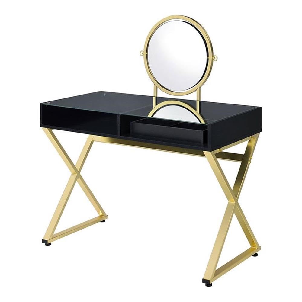 Acme Coleen Glass Top Vanity Desk with Jewelry Tray in Black and Gold