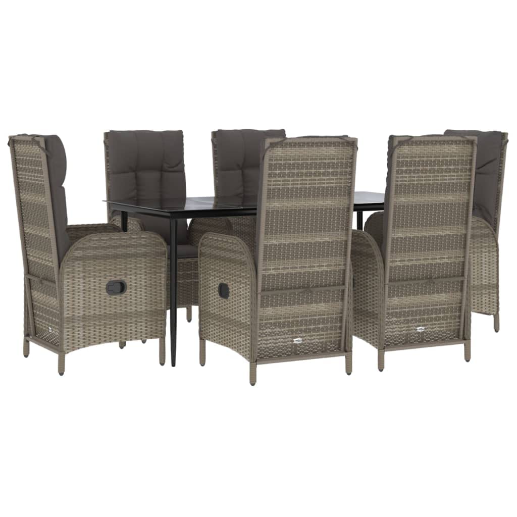 Vidaxl Black And Gray Poly Rattan Patio Dining Set With Cushions - 7-Piece, Reclining Chairs, Tempered Glass Table, Weather-Resistant