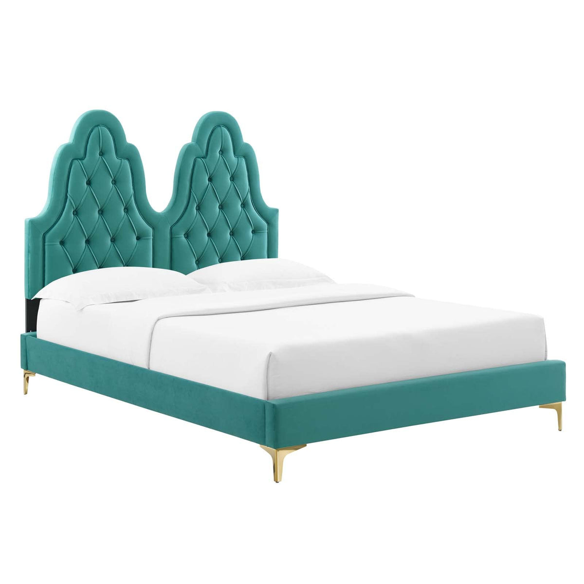 Modway Alexandria Tufted Performance Velvet Queen Platform Bed in Teal with Gold Legs