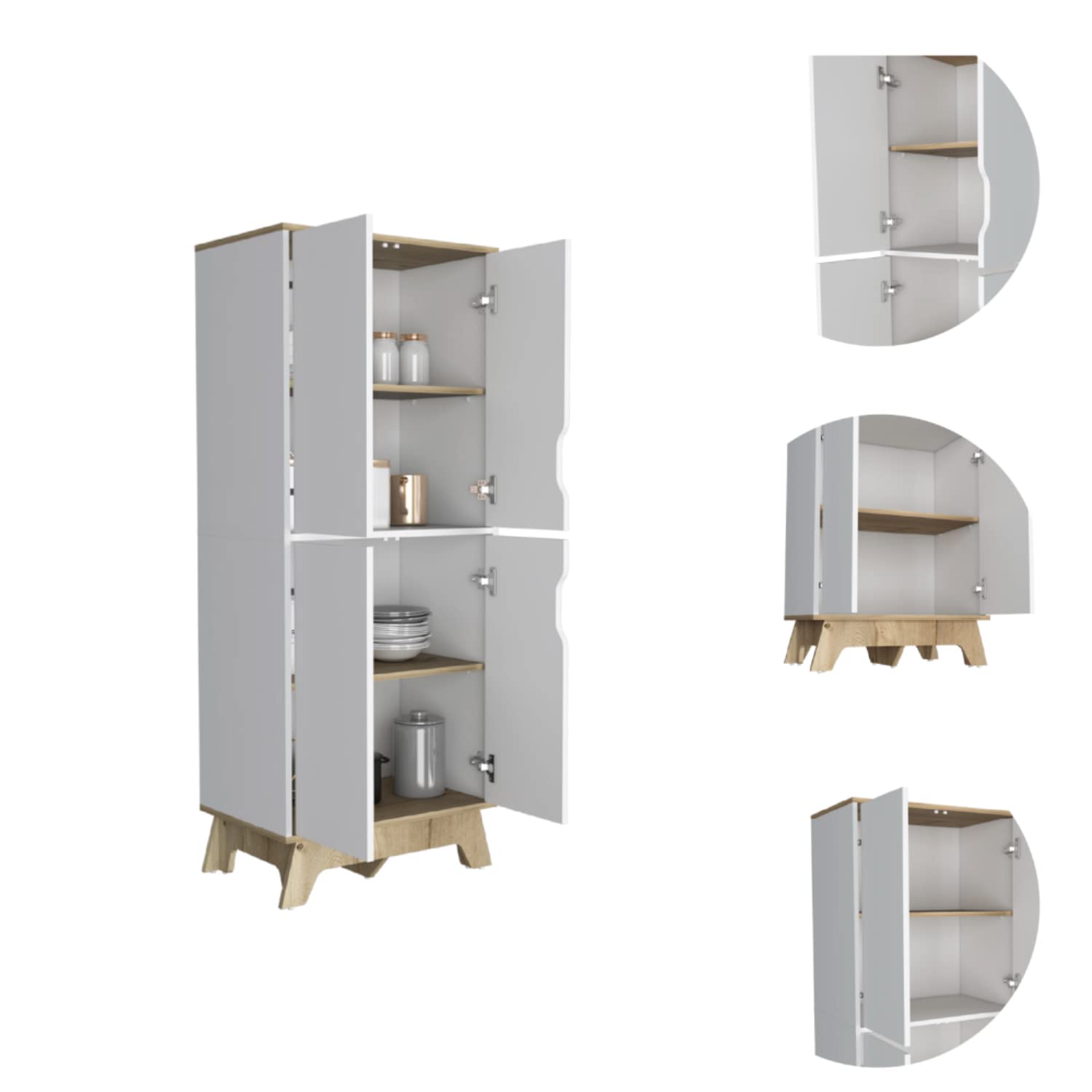 Multistorage Cabinet 59" H, 4 Doors, 4 Internal Shelves, Light Oak/White
