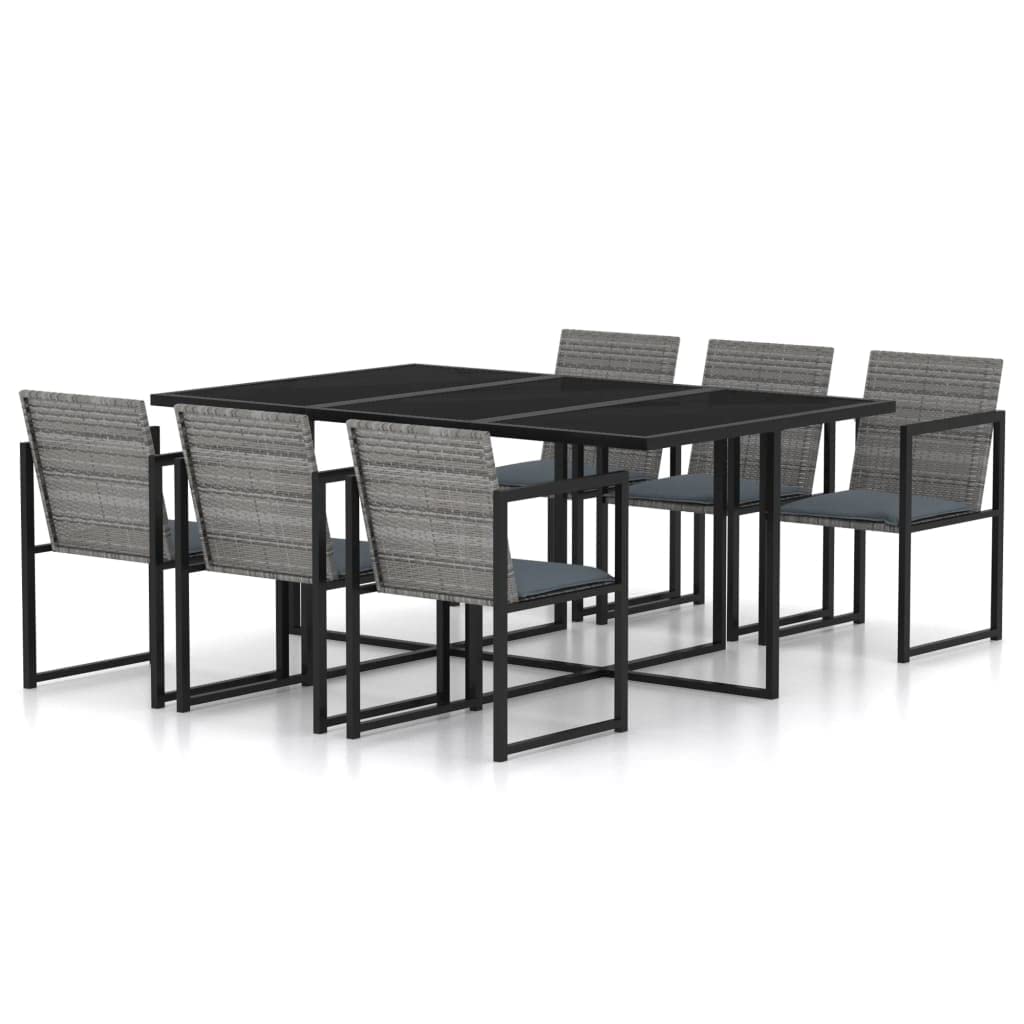 vidaXL Patio Dining Set 7 Piece, Patio Dining Table Set with Glass Tabletop, Rattan Chairs with Cushions, Modern, Poly Rattan Gray