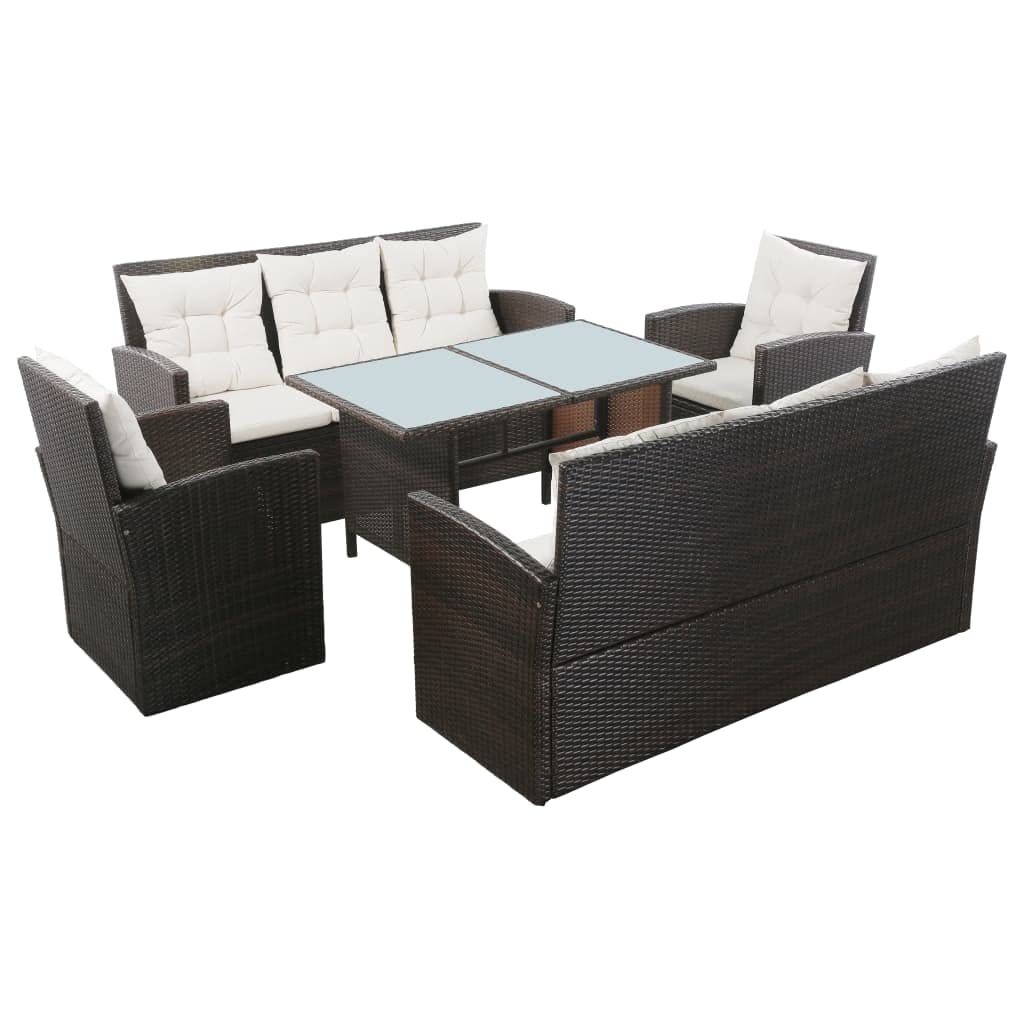 vidaXL Patio Sofa Set 5 Piece - Poly Rattan, Brown/Cream White Outdoor Furniture Set, Coffee Table & Cushions, Garden/Deck Lounge Area