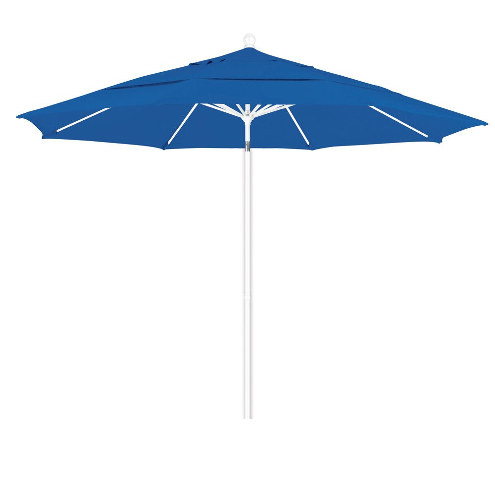 California Umbrella 11' Round Aluminum/Fiberglass Umbrella, Pulley Lift, White Pole, Olefin Royal Blue Fabric