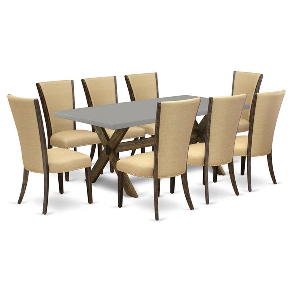 East West Furniture X797Ve703-9 9 Piece Dining Set Includes A Rectangle Dining Room Table With X-Legs And 8 Brown Linen Fabric Upholstered Parson Chairs, 40X72 Inch, Multi-Color