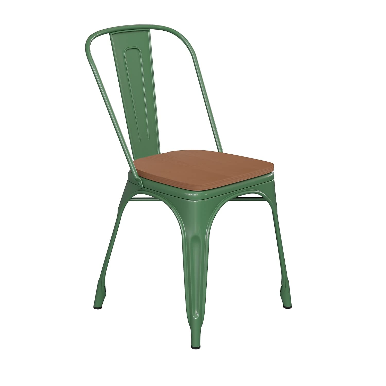 Flash Furniture Perry Indoor/Outdoor Commercial Stackable Chair With Polystyrene Seat - Green Metal Frame - Teak Poly Resin Seat - Rounded Seat Edges For Comfort